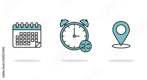 Calendar Alarm Clock and Location Pin Icon Set for Scheduling  Planning