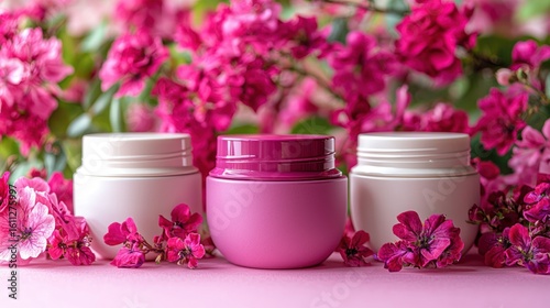 Wallpaper Mural Pink cream jars amid floral backdrop Torontodigital.ca