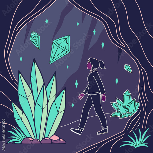 Woman Exploring a Crystal Cave at Night