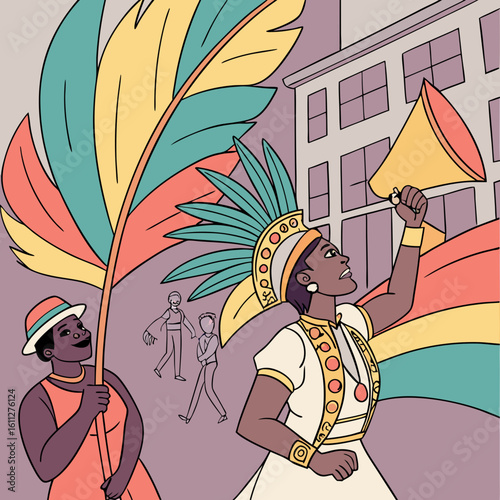 Woman in Colorful Costume Leading a Vibrant Street Carnival Parade