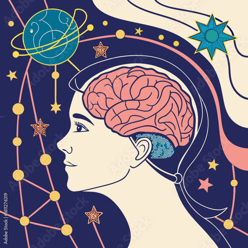 Woman's Profile with Exposed Brain in Space Setting