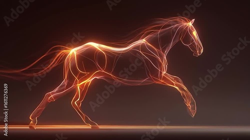 Glowing Horse Galloping: Dynamic Light Trails on Dark Background