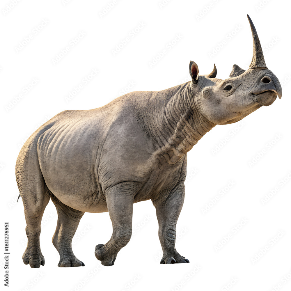 Fototapeta premium A large rhinoceros stands confidently, showcasing its thick skin and prominent horn. The animal appears strong and majestic against a dark background.