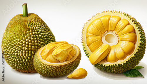 a collection of realistic jackfruit illustrations including whole spiky fruits and various cross sections revealing the yellow bulbs and seeds
