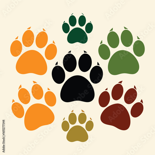 Collection of colorful paw prints arranged in a circular pattern