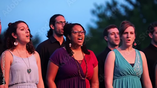Diverse choir members singing together in an outdoor setting under a blue dusk sky