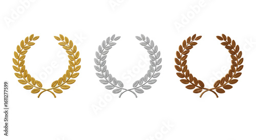 Gold silver and bronze laurel wreaths for competition or achievement