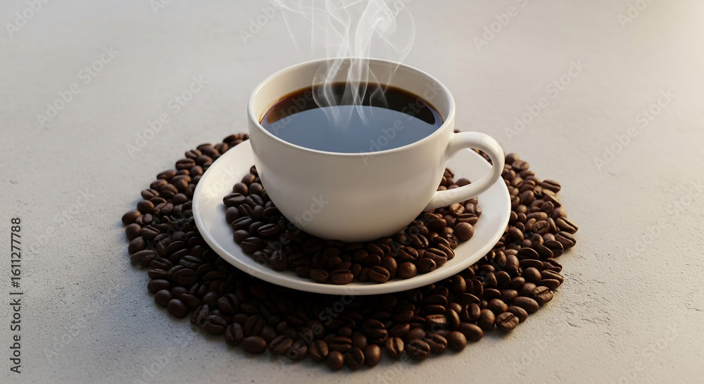 Obraz premium Steaming cup of black coffee on saucer, nestled on coffee beans, showcasing aroma and warmth, ideal for cafe or beverage concepts