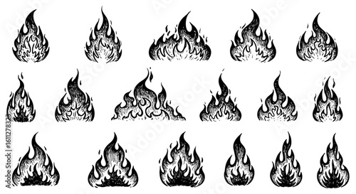 Hand drawn burning fire vector illustration vintage flames elements