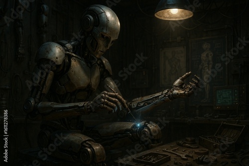 A worn-out robot in a dim workshop repairing itself in solitude and silence.



