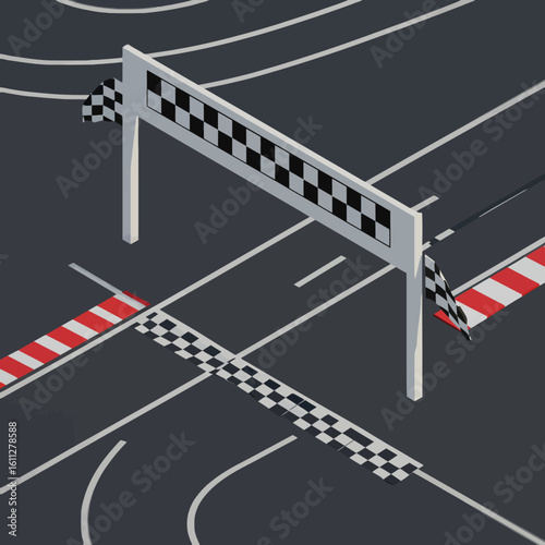 Isometric race track finish line illustration checkered flag and stripes