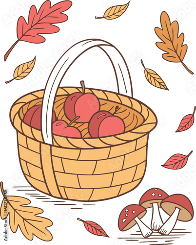 Basket of fresh autumn vegetables and apples with leaves illustration