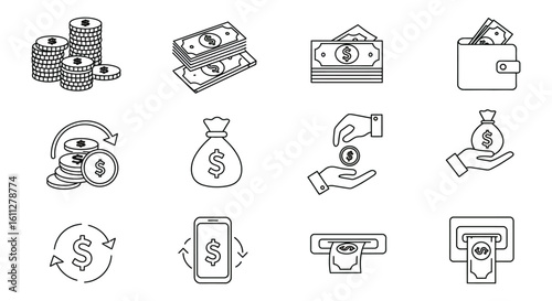 Money Icon Set Finance Banking and Economy Line Art