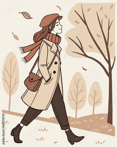 Girl in autumn park wearing dress fashion illustration vector