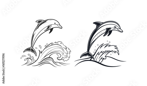 Two dolphins leaping out of the ocean waves in a sketch style