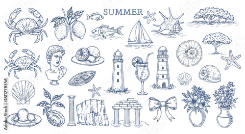 Summer Seaside Hand Drawn Nautical Elements Vector Illustration