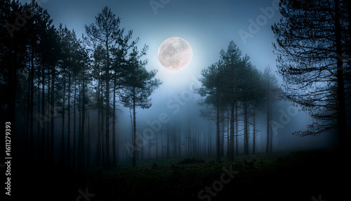 a dark misty forest with tall trees illuminated by moonlight creating an eerie mysterious atmosphere