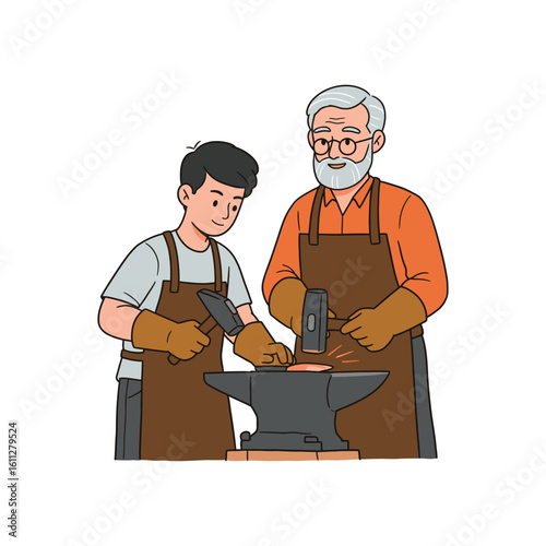 Generational Blacksmithing A Skilled Elder Teaches a Young Apprentice the Art of Metalworking, Passing Down Traditional Craftsmanship