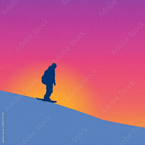 Silhouette of Hiker Against Vibrant Gradient Sunset Background