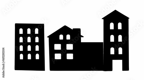 Silhouette depiction of three buildings including a house and two taller structures with windows shown | editable eps vectors