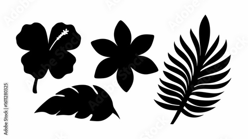 Silhouette illustration featuring a hibiscus flower, tropical leaves, and a six petal flower design | editable eps vectors
