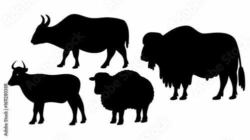Silhouette depiction featuring a cow, a bull, a sheep, and a bison standing on a white background plain | editable eps vectors