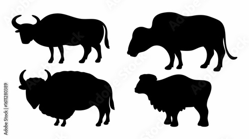 Four silhouettes of different bovine animals including a yak and a buffalo in various poses and stances | editable eps vectors