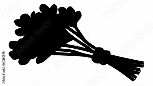 Silhouette depiction of a tied bunch of leafy herbs with visible stems and a binding knot design element | editable eps vectors