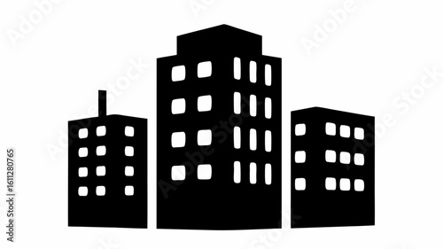 Silhouette of three buildings with rectangular windows against a white background in a simple style | editable eps vectors