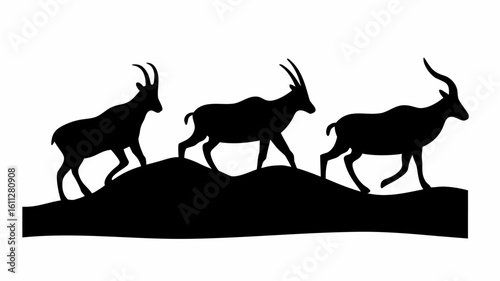 Three silhouetted ibex walking across a dark hill against a white background in a simple illustration | editable eps vectors