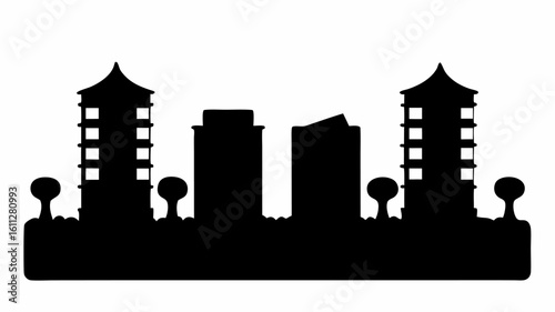 Silhouette of a city skyline featuring buildings with pagoda style roofs and spherical trees and bushes | editable eps vectors