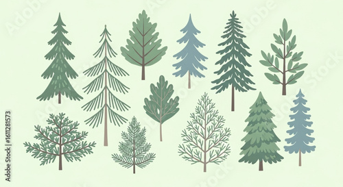 A collection of various stylized evergreen trees, presented in different shapes and sizes.