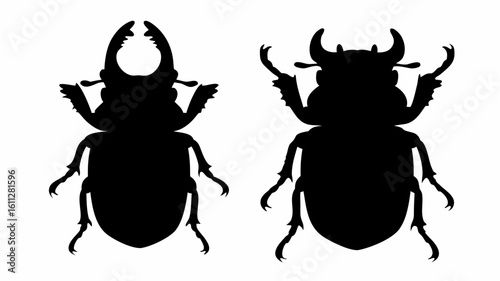 Two beetle silhouettes with distinct horn shapes showcasing insect diversity and anatomical features in black | editable eps vectors