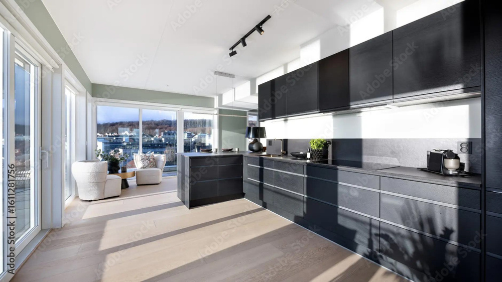 Fototapeta premium Modern luxury kitchen interior in minimal scandinavian style, 3d render