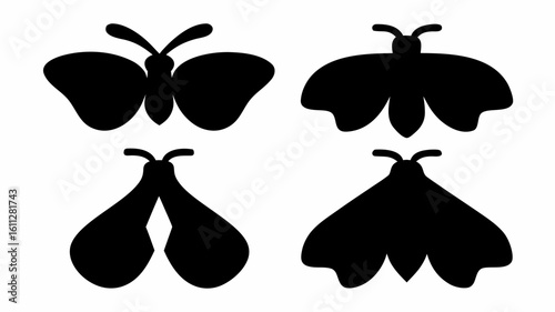 Four black silhouette vector illustrations of different butterfly and moth species displayed together nicely | editable eps vectors