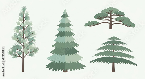 Four stylized evergreen trees, varying in shape and size, depicted in a minimalist design.