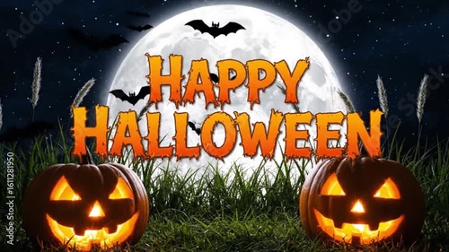 Happy Halloween Text with Pumpkins, Bats, and Full Moon on Night Grass Background