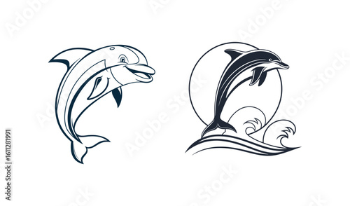 Two stylized dolphins leaping from the ocean waves in a black and white drawing