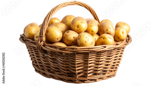 A wicker basket brimming with freshly harvested golden potatoes, symbolizing farm-fresh produce.