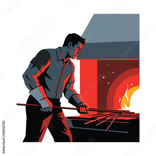 Graphic illustration of a skilled blacksmith shaping glowing metal rods in a fiery forge. A concept of manual labor and traditional craftsmanship.