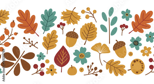 Border illustration in a modern folk art inspired vector style a variety of hand-drawn autumn elements.