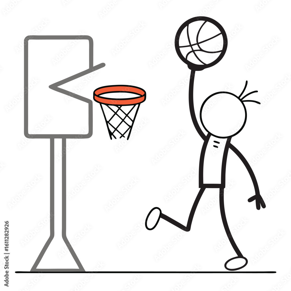 Fototapeta premium A Simplified Black and White Basketball Illustration of a Player Shooting the Ball at the Basket in Motion