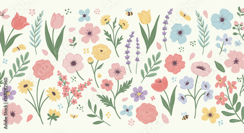 Seamless horizontal border in a whimsical spring bloom vector style, perfect for thank you cards or gift wrapping.