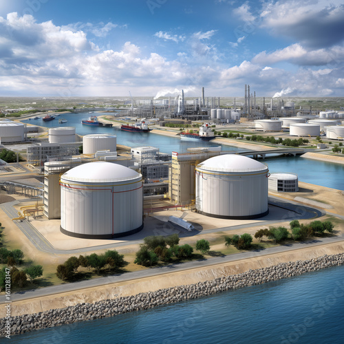LNG Facility With Risk Warnings Along Coastal Waterway Showcasing Infrastructure and Safety Measures