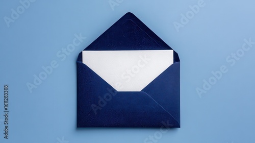 A 4K photo of open navy blue envelope with blank white card inside on solid background, mockup design template, flat lay.