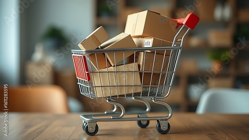 Shopping cart filled with package boxes on a wooden table with a soft overhead light.