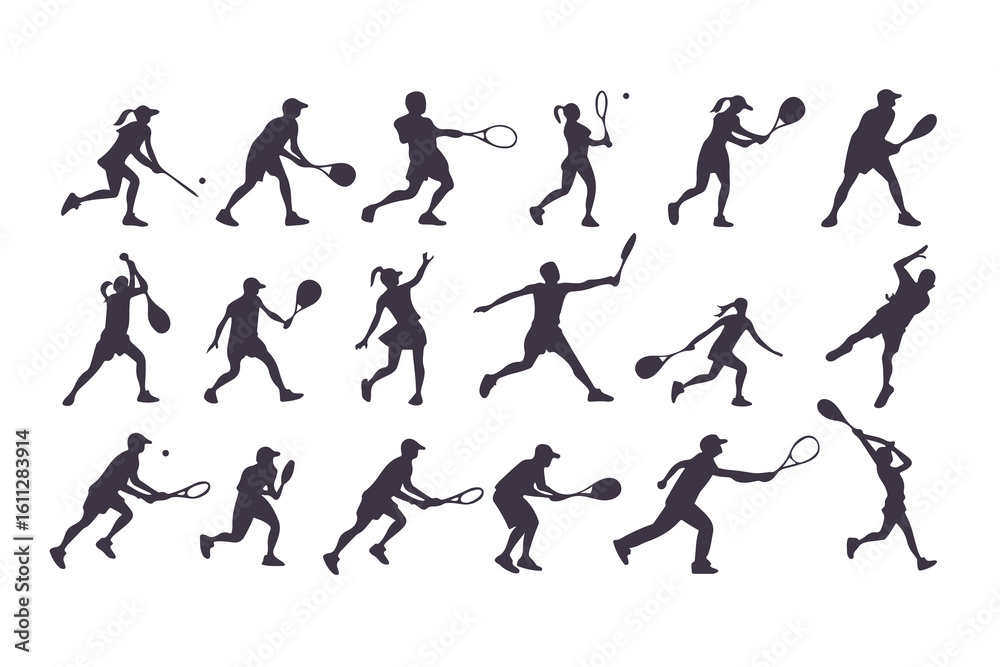 Silhouette Set of Tennis Players in Various Action Poses, Collection of Sporty Men and Women Playing Tennis, Vector Illustration Silhouette Set of Tennis Players in Various Action Poses, Collection of Sporty Men and Women Playing Tennis, Vector Illustration