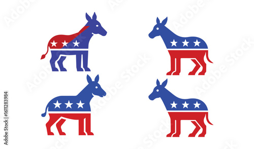 Democratic party donkey symbols with american flag colors and stars