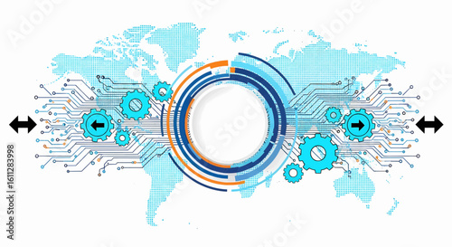 Abstract futuristic technology banner with a central circular interface, circuit board, and gears over a world map for global innovation.