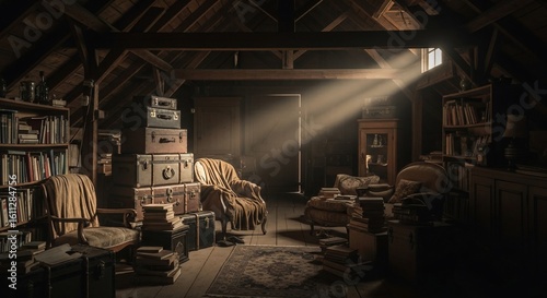 Vintage attic filled with books, suitcases, and furniture bathed in sunlight